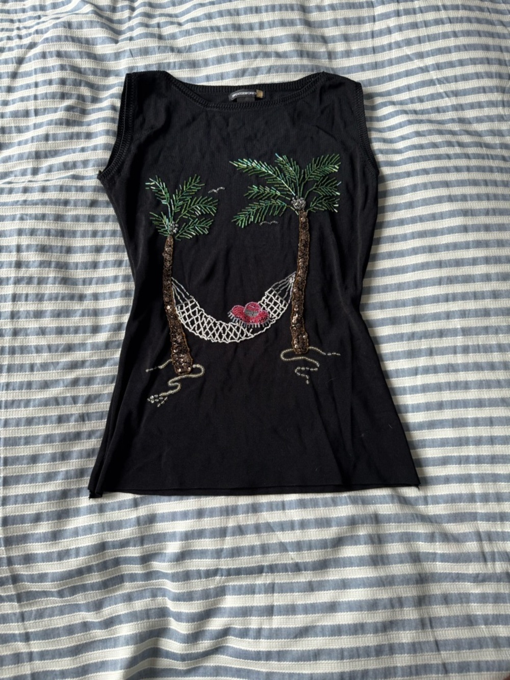 Black Embellished Palm Tree Tank Top with Hammock Motif